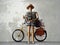 Wooden Human Backpacker With Retro Bicycle on Empty Background,