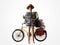 Wooden Human Backpacker With Retro Bicycle on White Background,