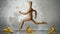 Wooden Human Running With Banana Peel on Ground and Empty Background, Accident or Insurance Concept,