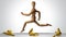 Wooden Human Running  With Banana Peel on Ground and White Background, Accident or Insurance Concept,