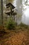 Wooden hunter perched at the forest edge in fog in autumnal pine forest