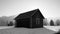 Wooden hut with gable roof in the snow and shadow in black and white