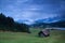 Wooden hut on meadow by Geroldsee lake