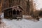 Wooden hut in winter landscape in Harz Mountain National Park, Germany