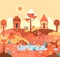 Wooden huts stand on a hill, elephants and pink flamingo, african landscape - flat cartoon illustration