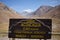 Wooden information board on viewpoint to Aconcagua Peak and landscape of Aconcagua Provoncial Park, Andes