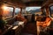 The wooden interior of the camper van and beautiful landscape while road trip. Travel on vacation, cozy sleeping place for a young