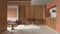 Wooden japandi kitchen, dining and living room in white and orange tones with resin floor and beams ceilings. Sofa and table with