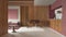 Wooden japandi kitchen, dining and living room in white and red tones with resin floor and beams ceilings. Sofa and table with