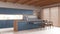 Wooden japandi kitchen in white and blue tones with resin floor and beams ceilings. Cabinets and dining island with stools.