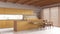 Wooden japandi kitchen in white and yellow tones with resin floor and beams ceilings. Cabinets and dining island with stools.