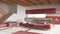 Wooden japandi living room and kitchen in white and red tones with resin floor and beams ceilings. Sofas and carpets, island with