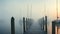 Wooden jetty in a foggy morning at Lake Balaton, Hungary, AI Generated