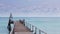 Wooden jetty leading to seacoast skyline