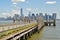 Wooden Jetty on Liberty Island facing Lower Manhattan