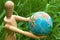 Wooden Jointed Doll Man Figure holding earth globe
