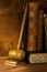 Wooden judge gavel, close-up view. Judge`s gavel on table. Law and order. Law and justice concept
