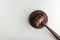 Wooden judge gavel and sound Board on white background. Top view. Auction. Symbol of justice and trial