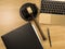 Wooden judges gavel and laptop on the wooden background