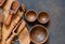 Wooden kitchen accessories: plate, rolling pin, board, spatula