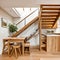 Wooden kitchen featuring a table and staircase