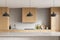 Wooden kitchen set interior with concrete cooking table, shelves and kitchenware