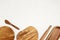 Wooden kitchen utensils. Household tools, traditional cooking, recipes mockup