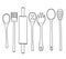 wooden kitchen utensils set of hand drawn line art cute illustration