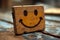 Wooden label with smiley face positive feedback, mental health day