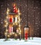 Wooden ladder with Christmas candles, lights and lantern