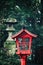 Wooden lantern and stone lantern in woodland, Japan. The traditional lamps often light pathways leading to Shinto shrines or