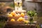 Wooden lemonade stand in park. outdoor homemade lemonade stand with a sign and  a small business or money concept. In the park on