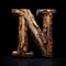 Wooden letter N. Wood font made of sticks, bark and wood. Forest typographic symbol.