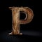 Wooden letter P. Wood font made of sticks, bark and wood. Forest typographic symbol.