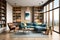 Wooden living room interior with armchair and couch with lamp, bookshelf rack and drawer with decoration