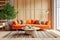 a wooden living room with an orange couch
