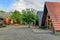 Wooden lodges at sunset in Legau, Germany