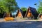 Wooden lodges at sunset in Legau, Germany