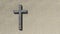 Wooden logg cross on a stone pavement background. 3d illustration metaphor for God, Christ, Christianity