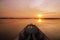 Wooden Longtail Boat Nose at Sunrise. Front View at Thale Noi Waterfowl Reserve Lake, Thailand