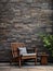 Wooden lounge chair near wild stone cladding wall