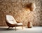 Wooden lounge chair near wild stone cladding wall. Rustic interi