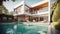 Wooden lounge chairs in modern villa pool and deck. AI Generative