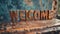 Wooden Mahogany Welcome concept creative horizontal art poster.