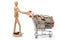 Wooden mannequin / doll with shopping trolley full of coins