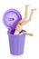 Wooden mannequin doll upside down in purple dustbin, isolated