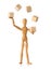 Wooden mannequin figure juggling wooden blocks over white - project management or complex resource handling concept