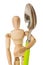 Wooden mannequin holding large green spoon, isolated