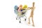 Wooden mannequin shopping easter eggs in shopping cart on white