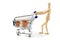 wooden mannequin shopping garden tools with a cart on white isolated background